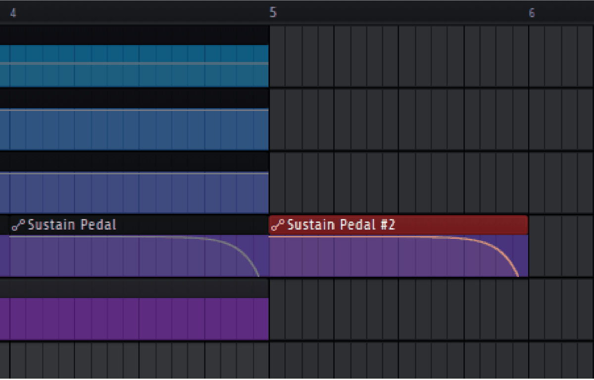 Two one bar sustain pedal clips side by side in the playlist, the second named Sustain Pedal hash 2