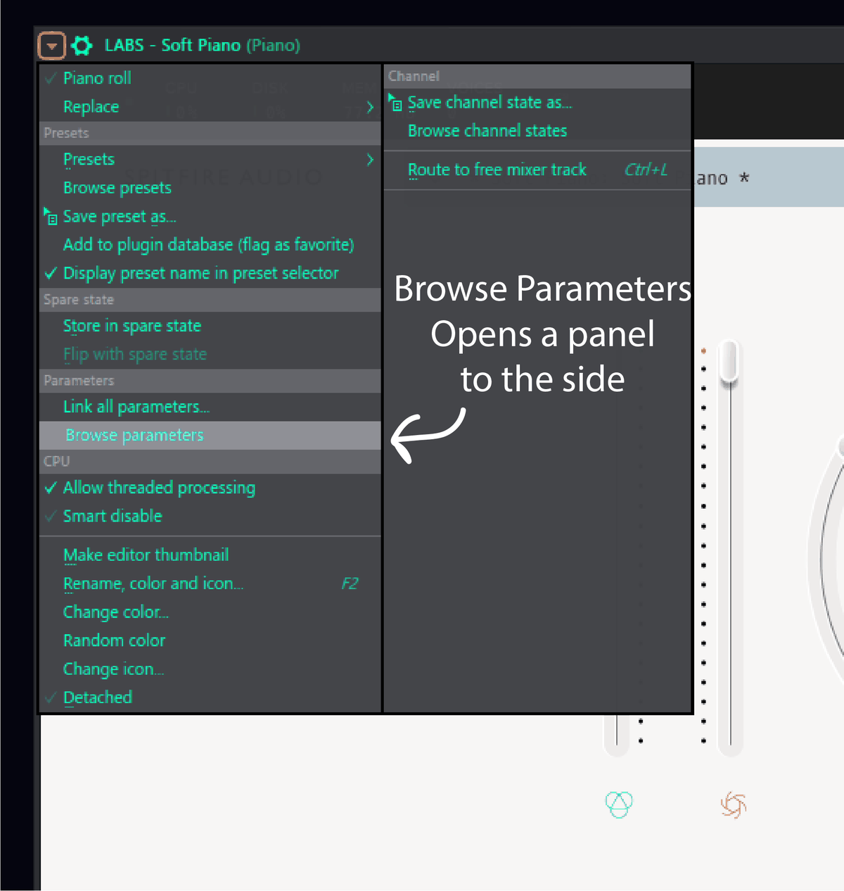 The LABS plugin menu open, with Browse parameters highlighted under the Parameters section