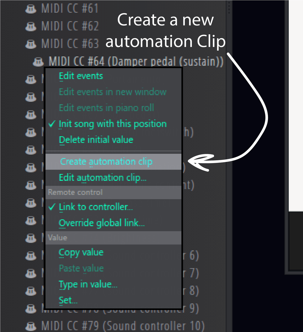 Right click menu on MIDI CC 64 Damper pedal sustain, with Create automation clip highlighted