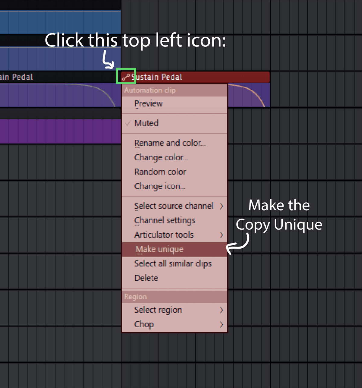 Automation clip menu with Make unique highlighted, opened from the icon at the top left of the clip
